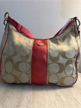 Coach Signature Stripe Hobo Shoulder Bag Khaki Coral Pink